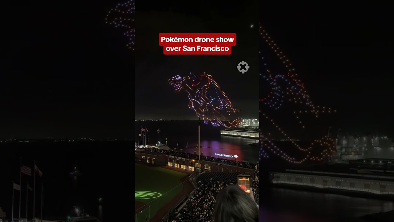 Rayquaza cable car in the sky?! Check out this Pokémon drone show in SF! #pokemon #sf #drones #ign